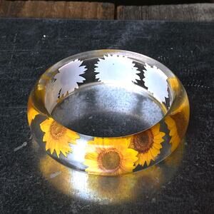 Vtg 90s Transparent Acrylic Lucite Yellow Sunflower Chunky Bangle Bracelet